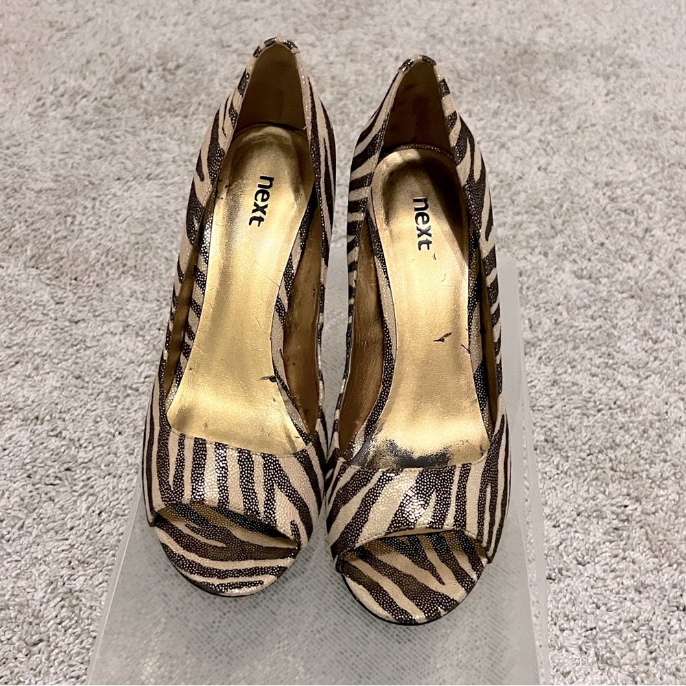 NEXT Women’s Zebra Print High Heels Metallic Shimmer Peep Toe (size 7.5)
